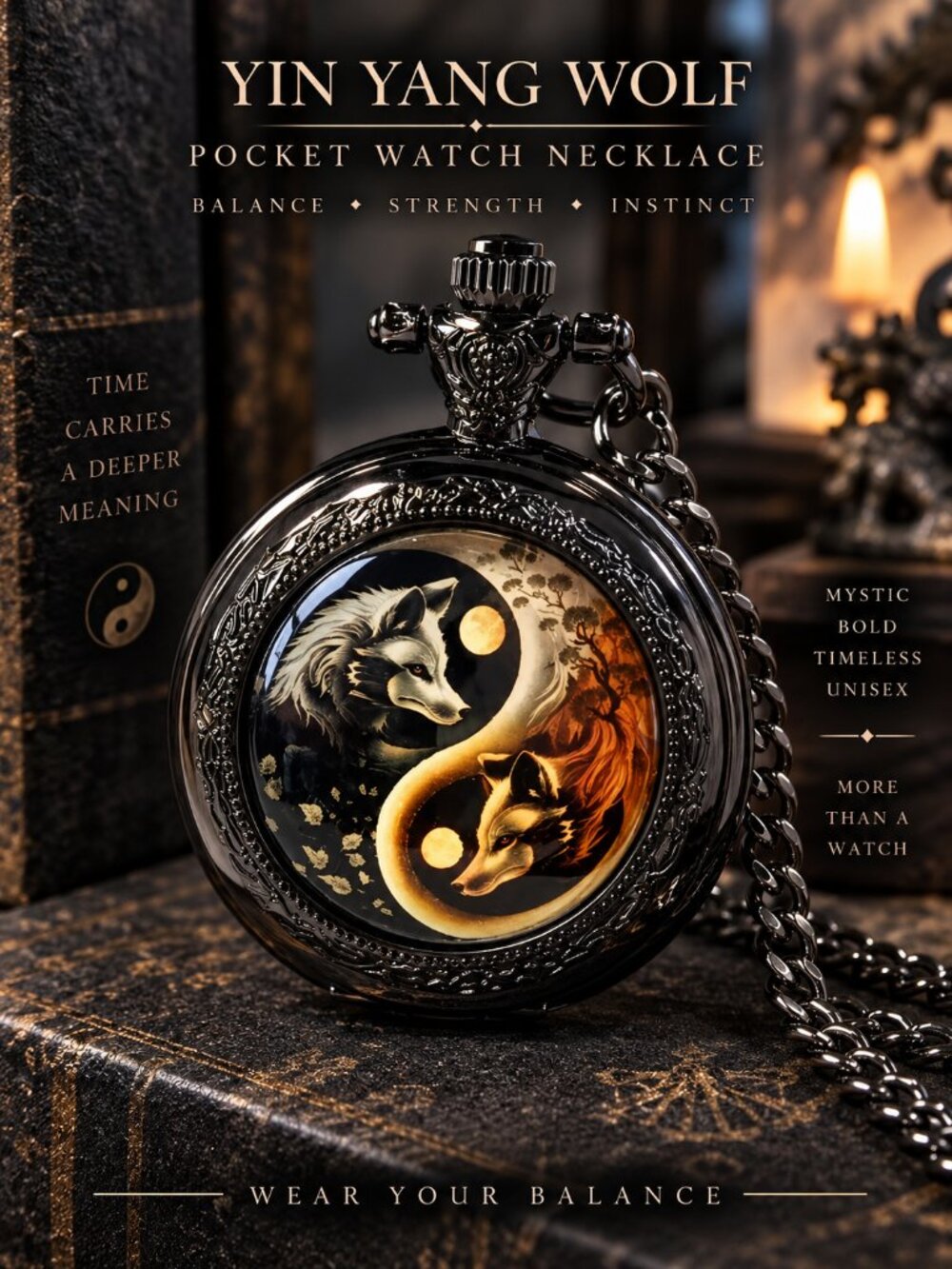 Yin Yang Wolf Pocket Watch Gunmetal Quartz 31" Chain Mens Steampunk Gothic Gift